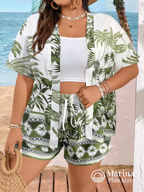 Conjunto Praia Kimono E Short Estampa Tropical Plus Size Conjunto Praia Kimono E Short Estampa Tropical Plus Size