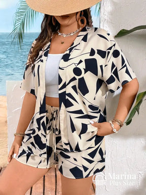 Conjunto Praia Kimono E Short Estampa Tropical Plus Size Conjunto Praia Kimono E Short Estampa Tropical Plus Size