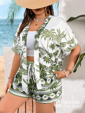 Conjunto Praia Kimono E Short Estampa Tropical Plus Size Conjunto Praia Kimono E Short Estampa Tropical Plus Size