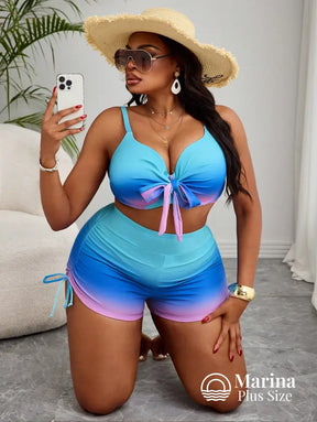 Conjunto Praia Top Com Laço E Short Franzido Plus Size Conjunto Praia Top Com Laço E Short Franzido Plus Size