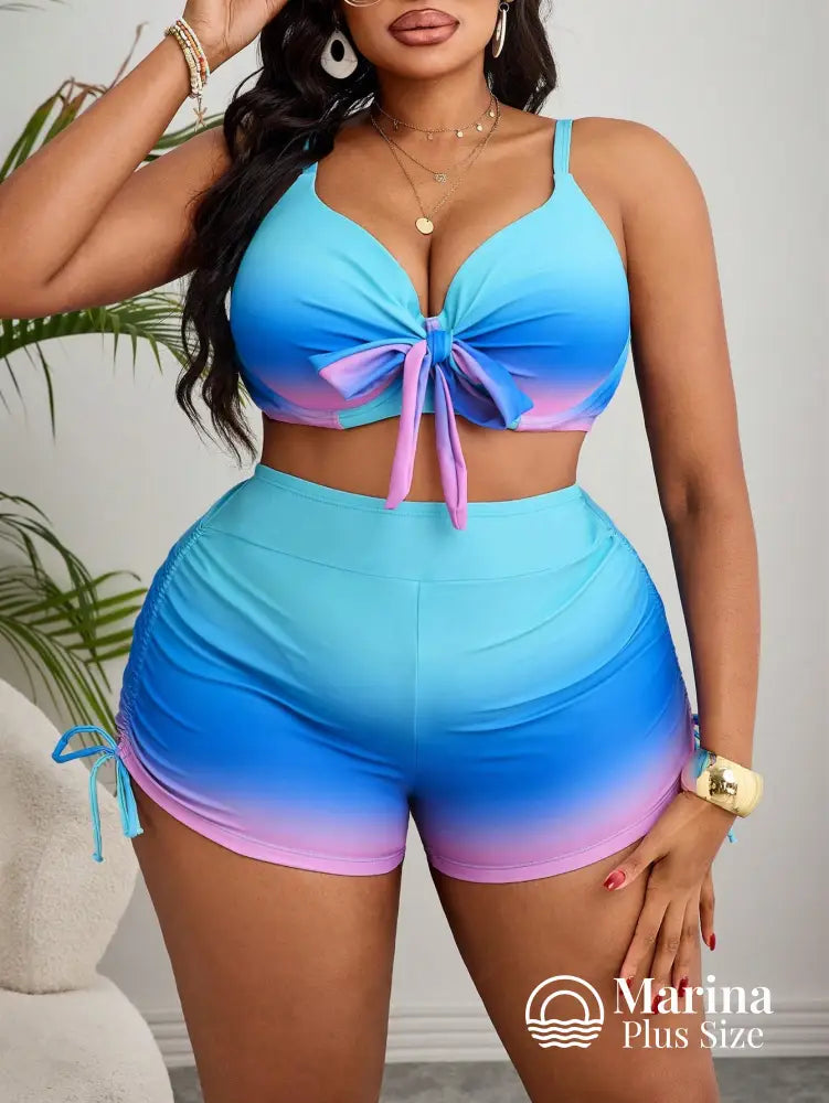 Conjunto Praia Top Com Laço E Short Franzido Plus Size Conjunto Praia Top Com Laço E Short Franzido Plus Size