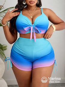 Conjunto Praia Top Com Laço E Short Franzido Plus Size Multicolorido / G Conjunto Praia Top Com Laço E Short Franzido
