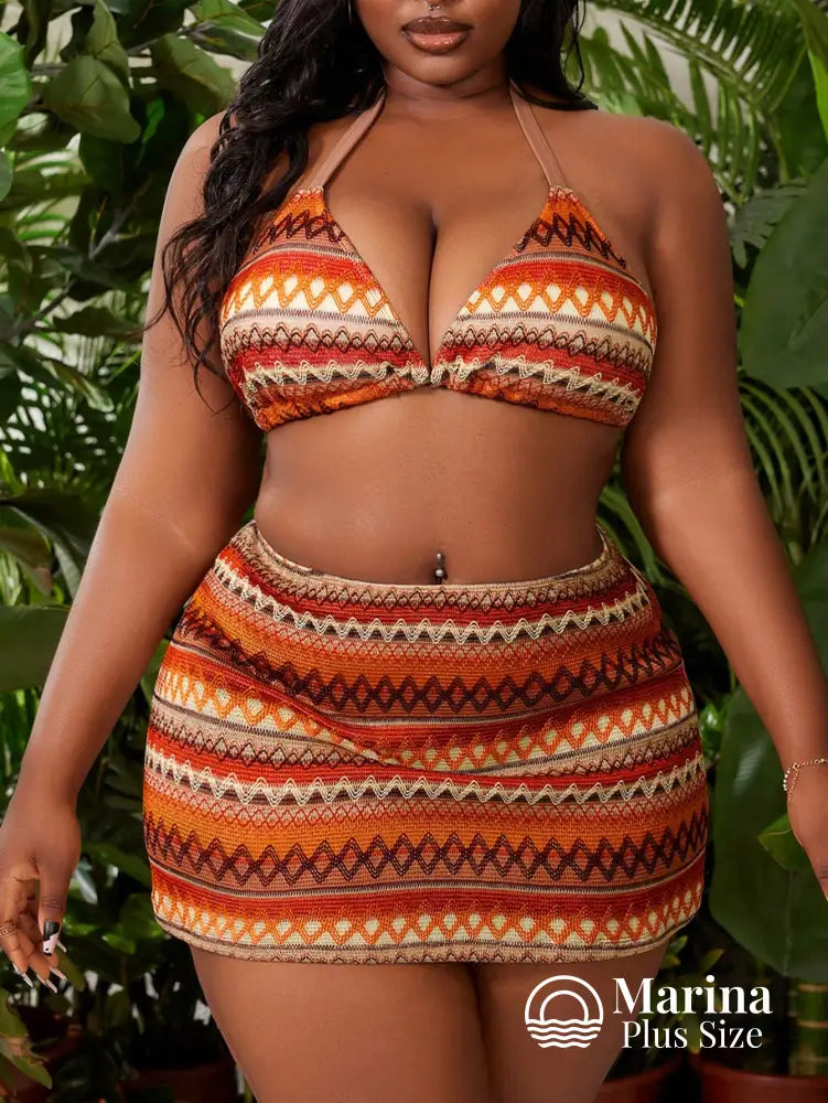 Conjunto Praia Top E Saia Estampa Étnica Plus Size Bege / G Conjunto Praia Top E Saia Estampa Étnica Plus Size