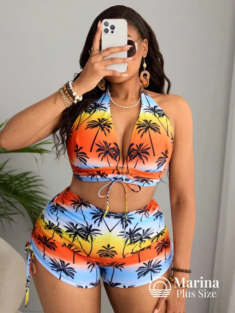 Conjunto Praia Top E Short Estampa Tropical Plus Size Multicolorido / G Conjunto Praia Top E Short Estampa Tropical