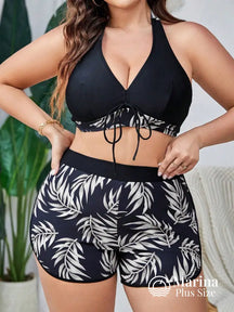 Conjunto Praia Top E Short Folhagem Confort Fit Plus Size Preto / G Conjunto Praia Top E Short Folhagem Confort Fit