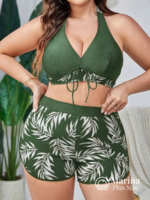 Conjunto Praia Top E Short Folhagem Confort Fit Plus Size Verde Escuro / G Conjunto Praia Top E Short Folhagem Confort