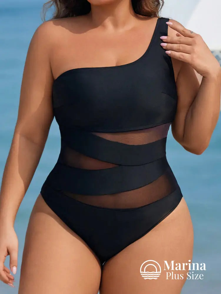 Maiô Assimétrico Tule Transparente Recortes Modernos Plus Size Preto / G Maiô Assimétrico Tule Transparente Recortes