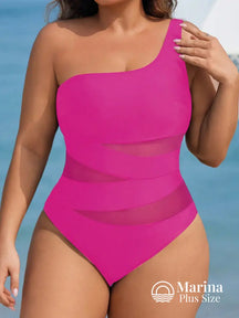 Maiô Assimétrico Tule Transparente Recortes Modernos Plus Size Rosa Choque / G Maiô Assimétrico Tule Transparente