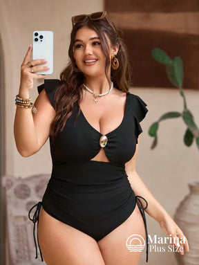 Maiô Babado Nos Ombros Recorte Frontal Plus Size Maiô Babado Nos Ombros Recorte Frontal Plus Size