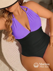Maiô Bicolor Decote Profundo Efeito Modelador Plus Size Roxo / G Maiô Bicolor Decote Profundo Efeito Modelador Plus Size