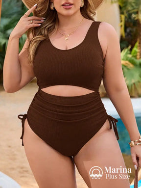 Maiô Canelado Recorte Cintura Laterais Ajustáveis Plus Size Café / G Maiô Canelado Recorte Cintura Laterais Ajustáveis