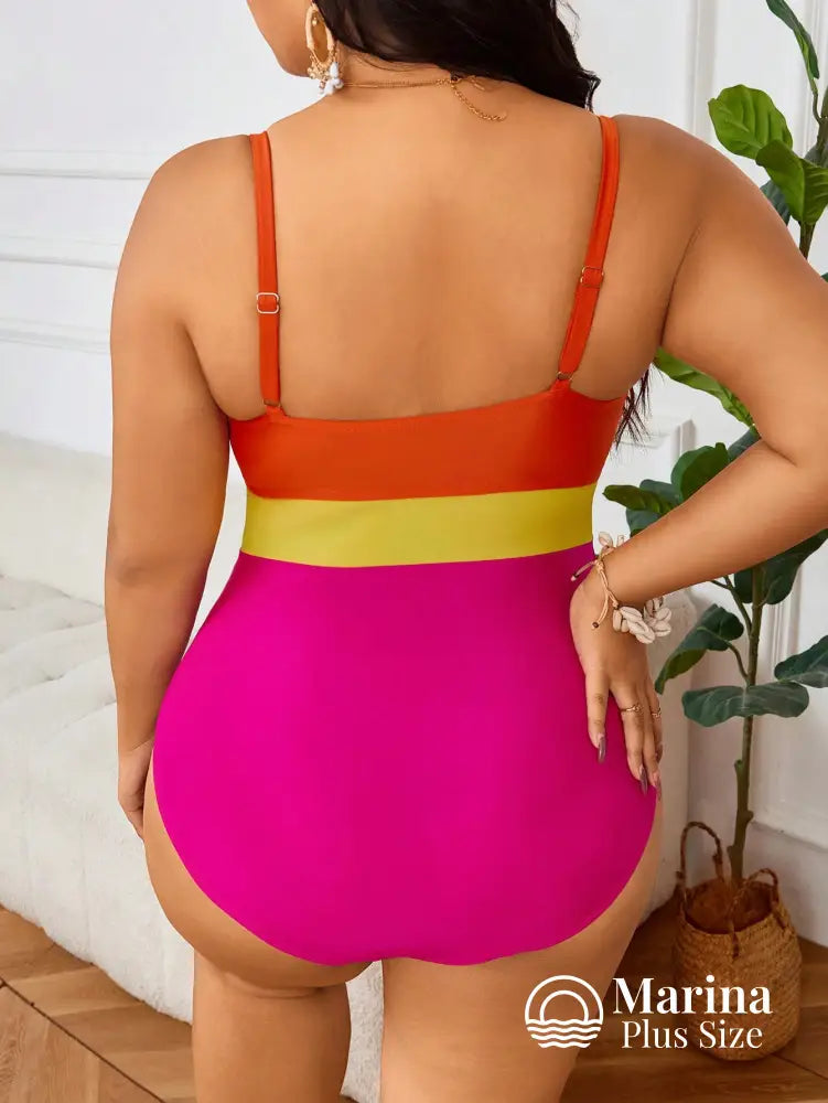 Maiô Color Block Alças Corrente Cintura Marcada Plus Size Maiô Color Block Alças Corrente Cintura Marcada Plus Size