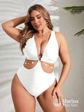 Maiô Decote Profundo Recortes E Amarração Plus Size Maiô Decote Profundo Recortes E Amarração Plus Size