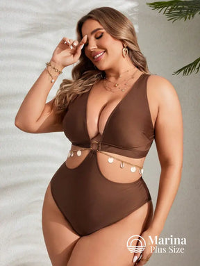 Maiô Decote Profundo Recortes E Amarração Plus Size Maiô Decote Profundo Recortes E Amarração Plus Size