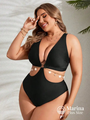 Maiô Decote Profundo Recortes E Amarração Plus Size Maiô Decote Profundo Recortes E Amarração Plus Size