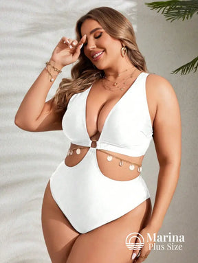 Maiô Decote Profundo Recortes E Amarração Plus Size Maiô Decote Profundo Recortes E Amarração Plus Size