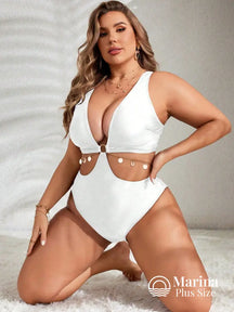 Maiô Decote Profundo Recortes E Amarração Plus Size Branco / G Maiô Decote Profundo Recortes E Amarração Plus Size