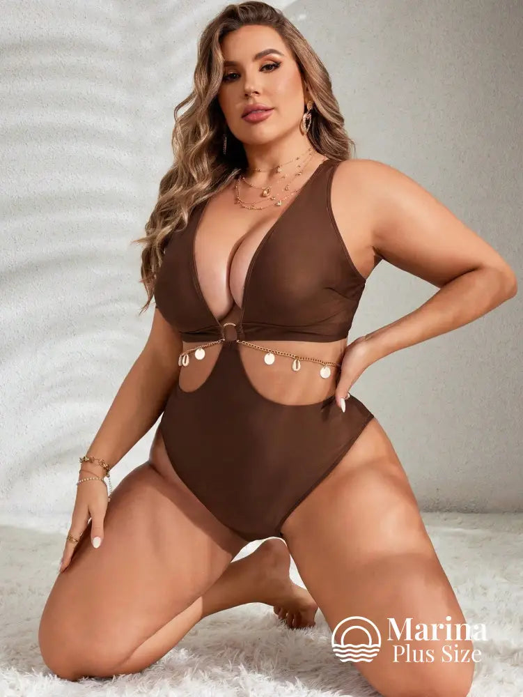 Maiô Decote Profundo Recortes E Amarração Plus Size Castanho / G Maiô Decote Profundo Recortes E Amarração Plus Size