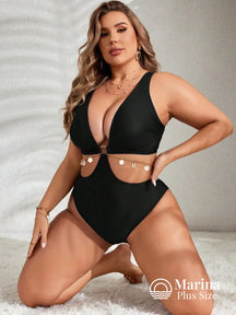 Maiô Decote Profundo Recortes E Amarração Plus Size Preto / G Maiô Decote Profundo Recortes E Amarração Plus Size