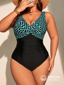 Maiô Decote V Estampa Geométrica Efeito Modelador Plus Size Verde / G Maiô Decote V Estampa Geométrica Efeito Modelador
