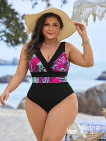 Maiô Decote V Faixa Tropical Na Cintura Plus Size Rosa Choque / G Maiô Decote V Faixa Tropical Na Cintura Plus Size