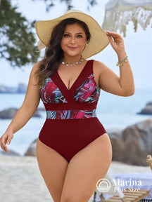 Maiô Decote V Faixa Tropical Na Cintura Plus Size Vinho / G Maiô Decote V Faixa Tropical Na Cintura Plus Size