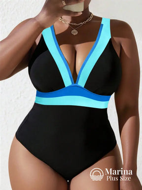 Maiô Decote V Faixas Contrastantes Plus Size Azul Bebê / G Maiô Decote V Faixas Contrastantes Plus Size
