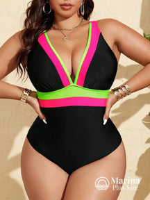 Maiô Decote V Faixas Contrastantes Plus Size Rosa / G Maiô Decote V Faixas Contrastantes Plus Size