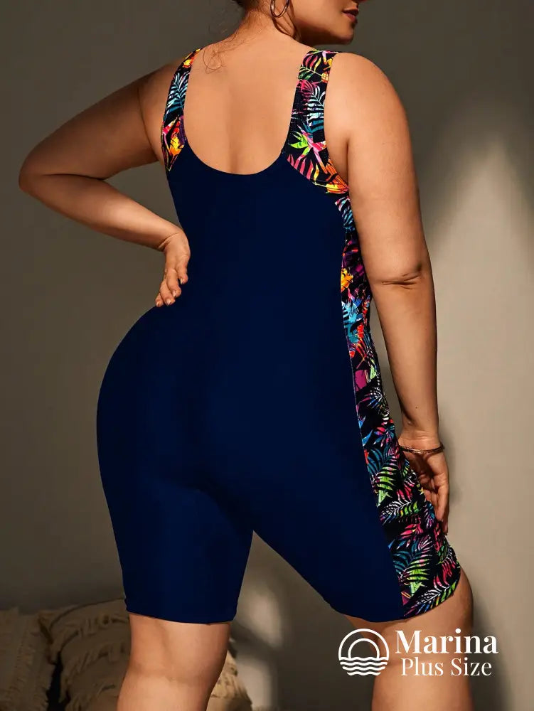Maiô Esportivo Estampado Shorts Embutido Painéis Laterais Plus Size Maiô Esportivo Estampado Shorts Embutido Painéis