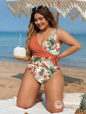 Maiô Floral Transpassado Amarração Lateral Plus Size Laranja / G Maiô Floral Transpassado Amarração Lateral Plus Size