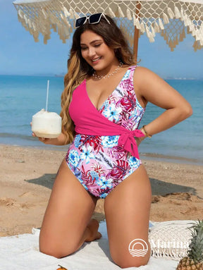 Maiô Floral Transpassado Amarração Lateral Plus Size Rosa Choque / G Maiô Floral Transpassado Amarração Lateral Plus