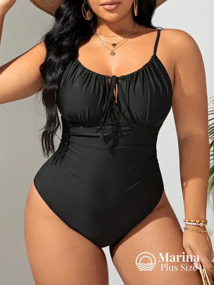 Maiô Franzido Amarração Frontal Efeito Modelador Plus Size Preto / G Maiô Franzido Amarração Frontal Efeito Modelador