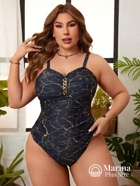 Maiô Marmorizado Corrente Frontal Efeito Modelador Plus Size Maiô Marmorizado Corrente Frontal Efeito Modelador Plus