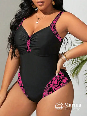 Maiô Modelador Recortes Florais Decote Drapeado Plus Size Maiô Modelador Recortes Florais Decote Drapeado Plus Size