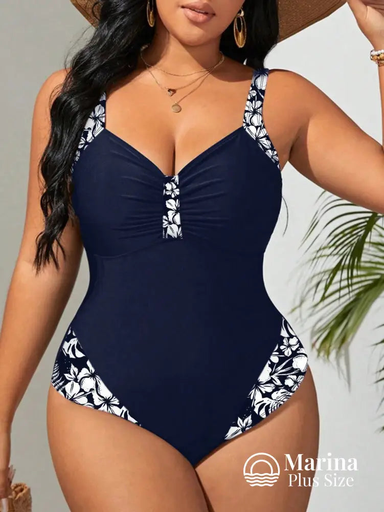 Maiô Modelador Recortes Florais Decote Drapeado Plus Size Azul-marinho / G Maiô Modelador Recortes Florais Decote