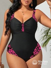 Maiô Modelador Recortes Florais Decote Drapeado Plus Size Preto / G Maiô Modelador Recortes Florais Decote Drapeado