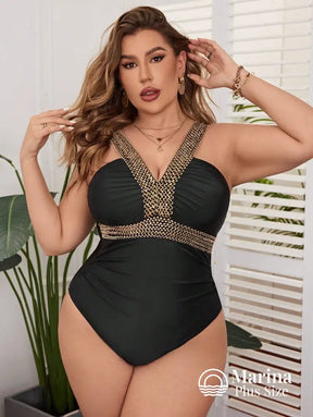 Maiô Preto Decote Trançado Dourado Efeito Modelador Plus Size Maiô Preto Decote Trançado Dourado Efeito Modelador Plus