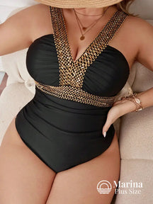 Maiô Preto Decote Trançado Dourado Efeito Modelador Plus Size Preto / G Maiô Preto Decote Trançado Dourado Efeito