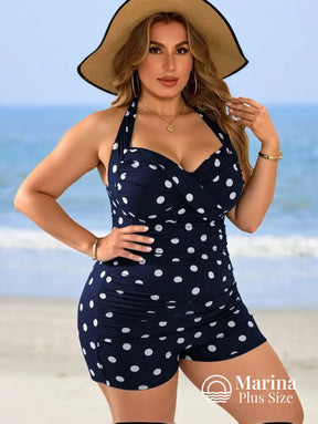 Maiô Retrô Poá Shorts Embutido Decote Transpassado Plus Size Maiô Retrô Poá Shorts Embutido Decote Transpassado Plus
