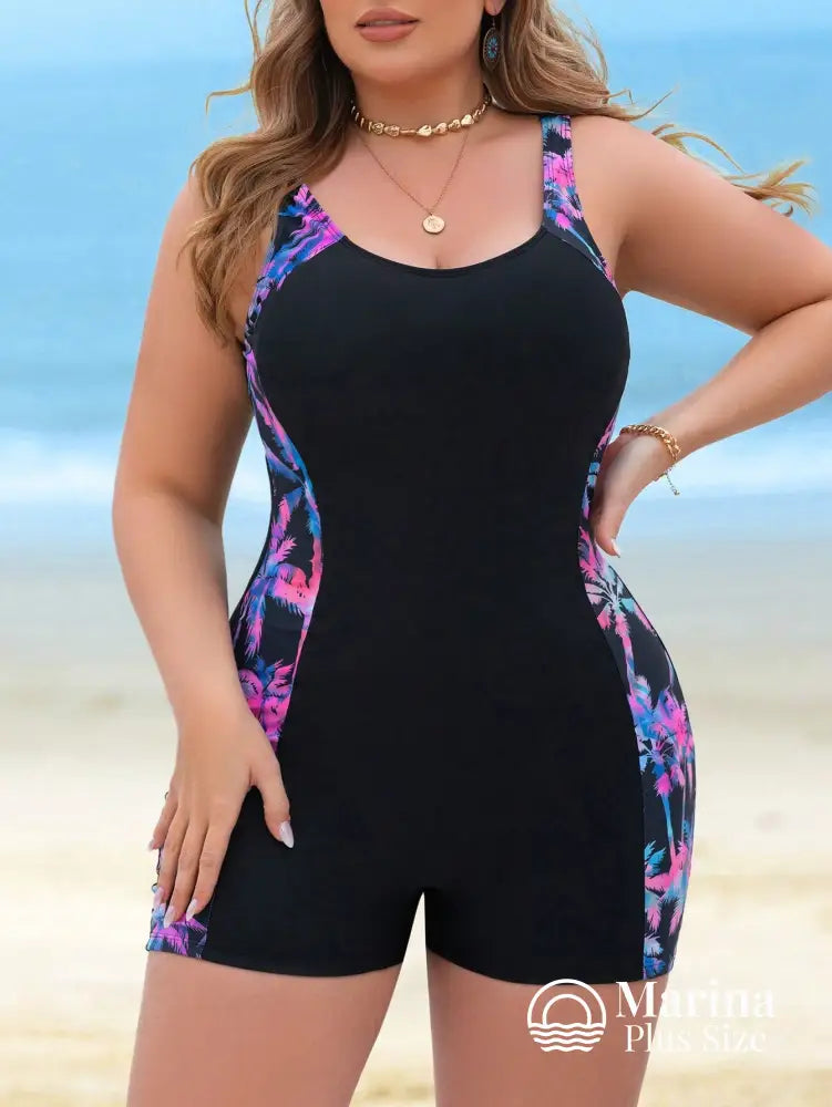 Maiô Short Esportivo Estampa Tropical Efeito Modelador Plus Size Roxo / G Maiô Short Esportivo Estampa Tropical Efeito