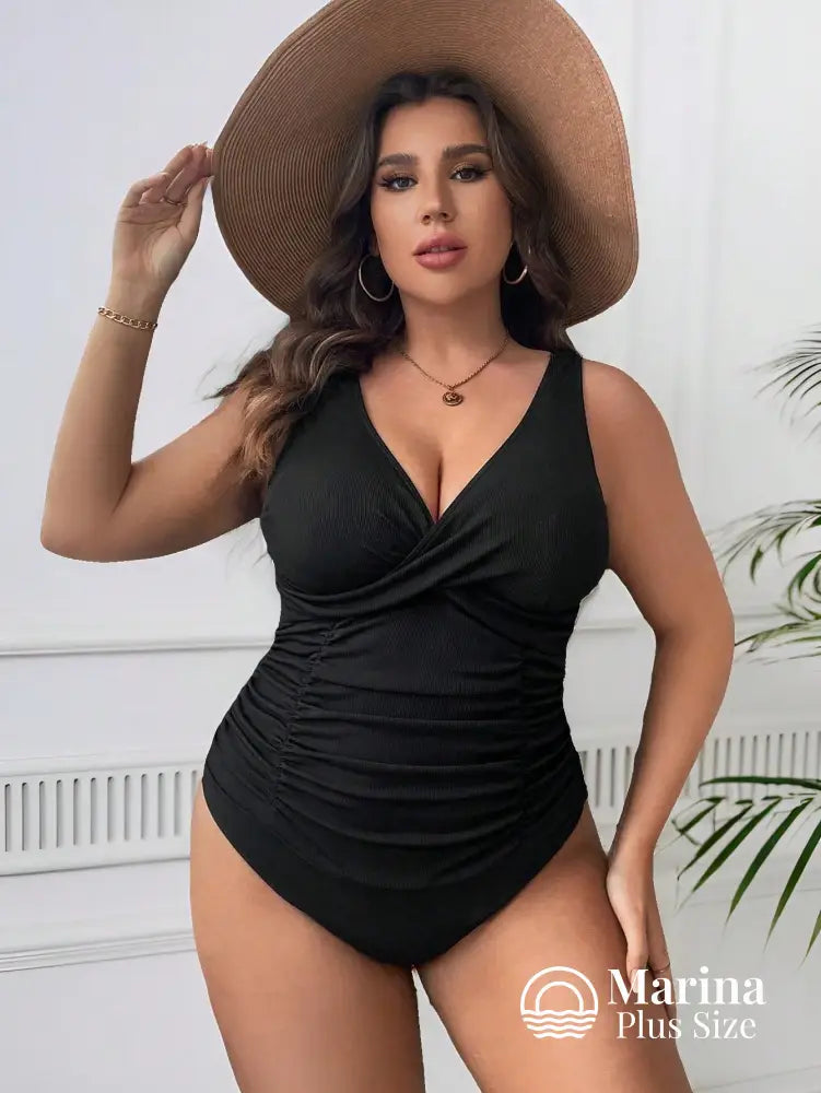 Maiô Transpassado Drapeado Frontal Efeito Modelador Plus Size Preto / G Maiô Transpassado Drapeado Frontal Efeito