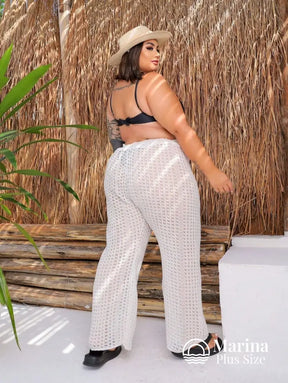 Saída De Praia Calça Crochê Cós Ajustável Plus Size Saída De Praia Calça Crochê Cós Ajustável Plus Size