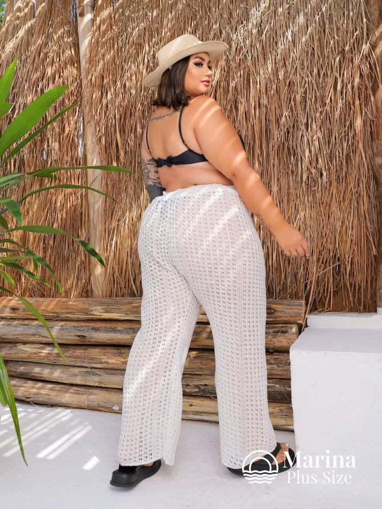 Saída De Praia Calça Crochê Cós Ajustável Plus Size Saída De Praia Calça Crochê Cós Ajustável Plus Size