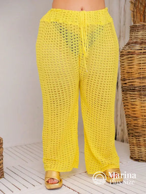 Saída De Praia Calça Crochê Cós Ajustável Plus Size Saída De Praia Calça Crochê Cós Ajustável Plus Size