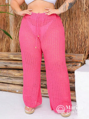 Saída De Praia Calça Crochê Cós Ajustável Plus Size Saída De Praia Calça Crochê Cós Ajustável Plus Size