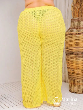 Saída De Praia Calça Crochê Cós Ajustável Plus Size Saída De Praia Calça Crochê Cós Ajustável Plus Size