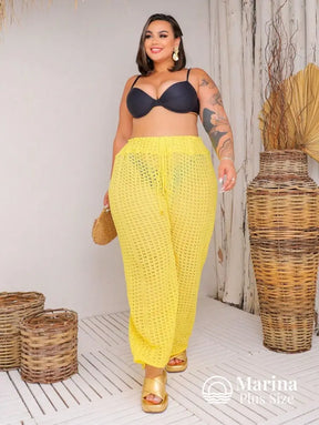 Saída De Praia Calça Crochê Cós Ajustável Plus Size Amarela / G Saída De Praia Calça Crochê Cós Ajustável Plus Size