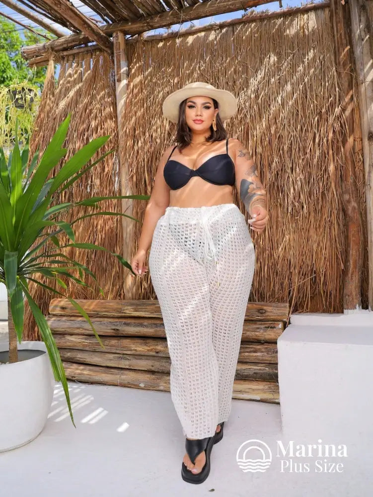 Saída De Praia Calça Crochê Cós Ajustável Plus Size Branco / G Saída De Praia Calça Crochê Cós Ajustável Plus Size