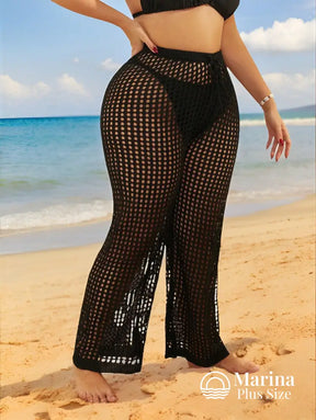 Saída De Praia Calça Crochê Vazada Cós Ajustável Plus Size Saída De Praia Calça Crochê Vazada Cós Ajustável Plus Size