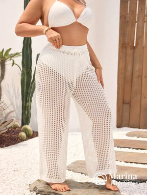 Saída De Praia Calça Crochê Vazada Cós Ajustável Plus Size Saída De Praia Calça Crochê Vazada Cós Ajustável Plus Size